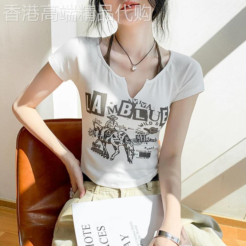 韩版挂颈半开领字母印花短袖T恤女正肩修身小众别致衬衫内搭上衣