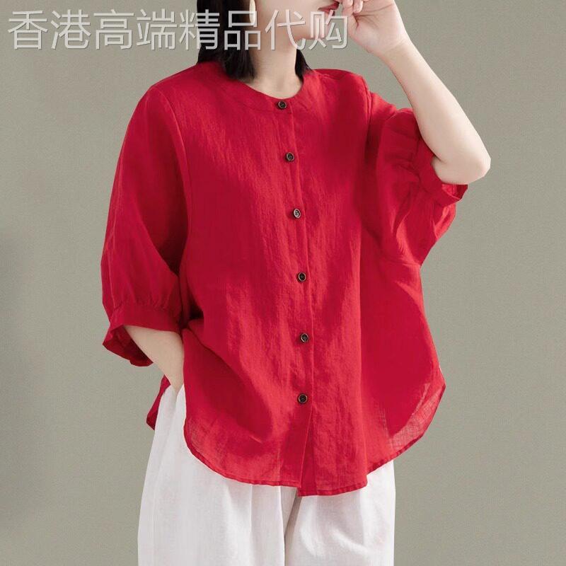棉麻短袖衬衫女夏季薄款2026新款大码减龄气质宽松亚麻t恤女上衣