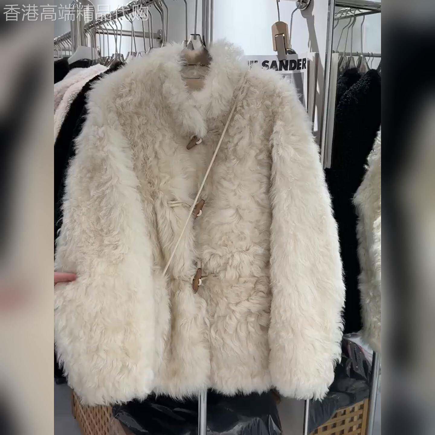 2025新款爆款白色立领牛角扣皮毛一体加厚中长款羊羔毛外套女冬季