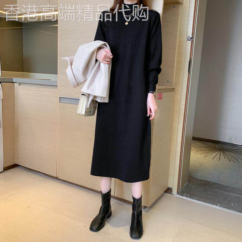 胖妹妹遮肚显瘦连衣裙女秋冬大码半高领长款过膝打底衫毛衣裙子潮