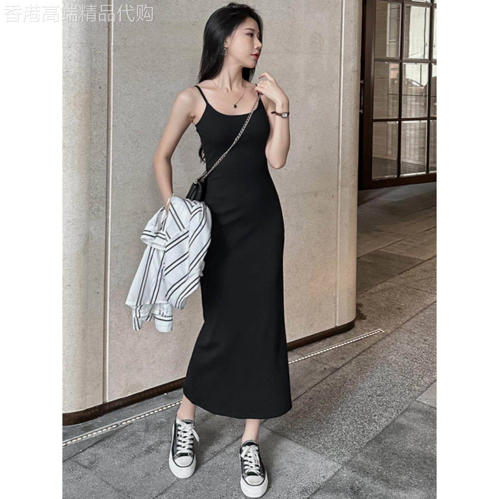 黑色吊带连衣裙女春秋欧货大码胖mm早春背心裙修身打底包臀内搭裙