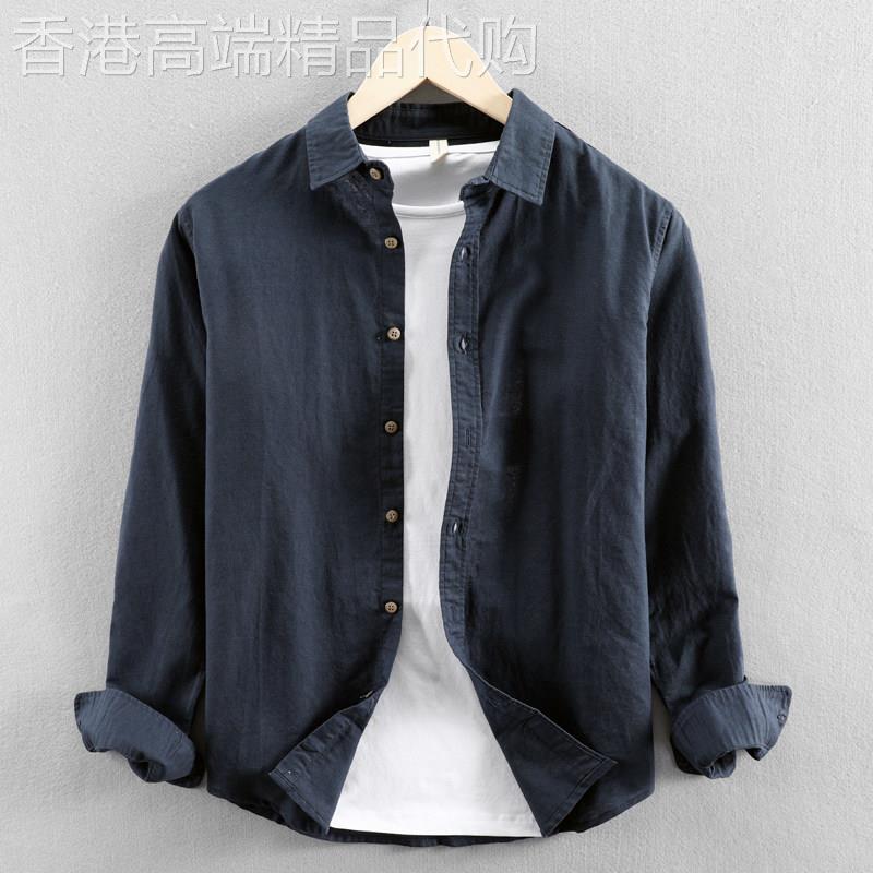 香港日系复古纯色棉麻衬衫男薄春夏休闲长袖衬衣亚麻布上衣服外套