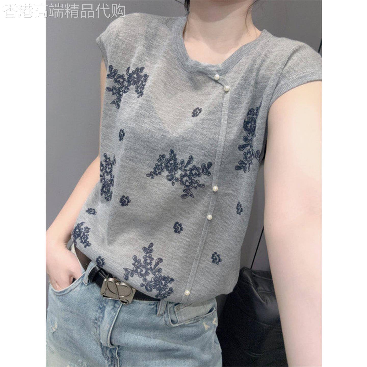 时尚印花短袖女冰丝针织T恤夏季薄款百搭显瘦1/4吋套筒扳手袖洋派
