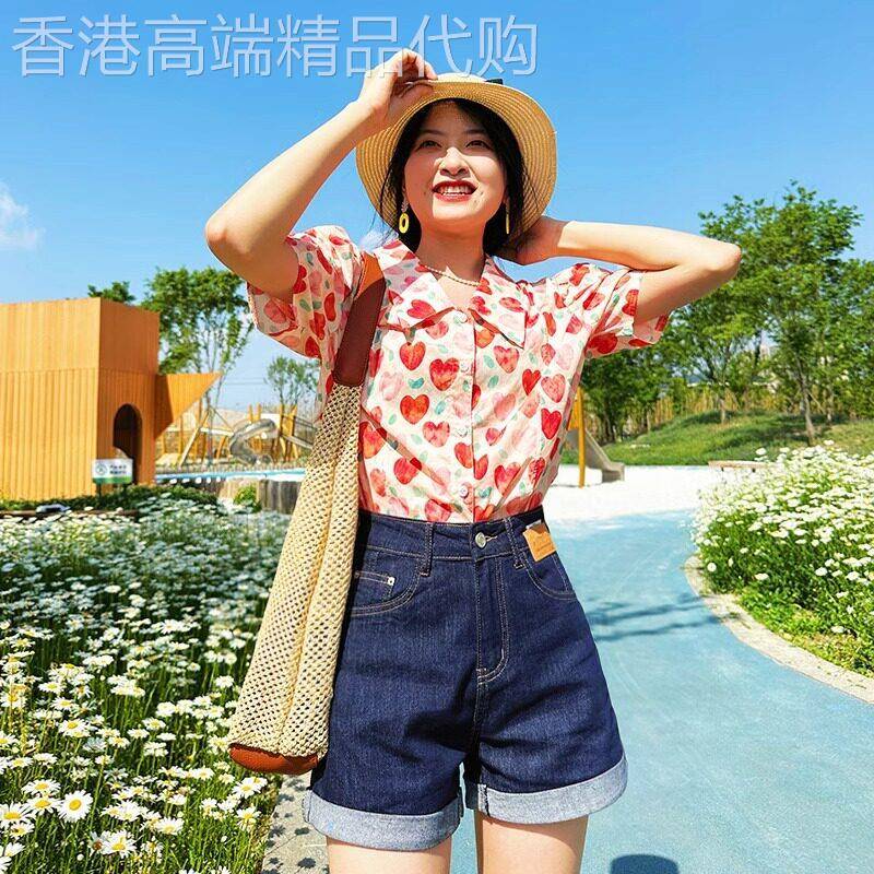 潮牌深蓝高腰a字牛仔短裤女夏季2026年新款时尚卷边宽松显瘦热裤