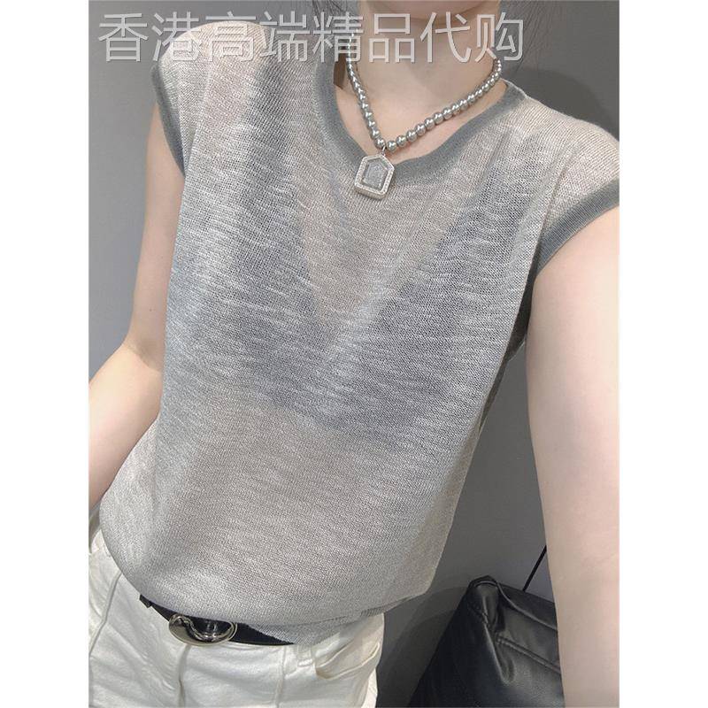 灰色冰丝针织短袖女式t恤2025新夏季薄微透视休闲百搭宽松上衣