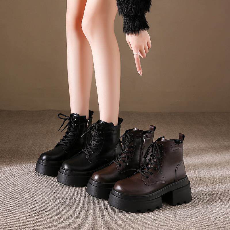 欧洲站厚底马丁靴女2025秋冬新款高跟加绒小码短靴小个子增高单靴