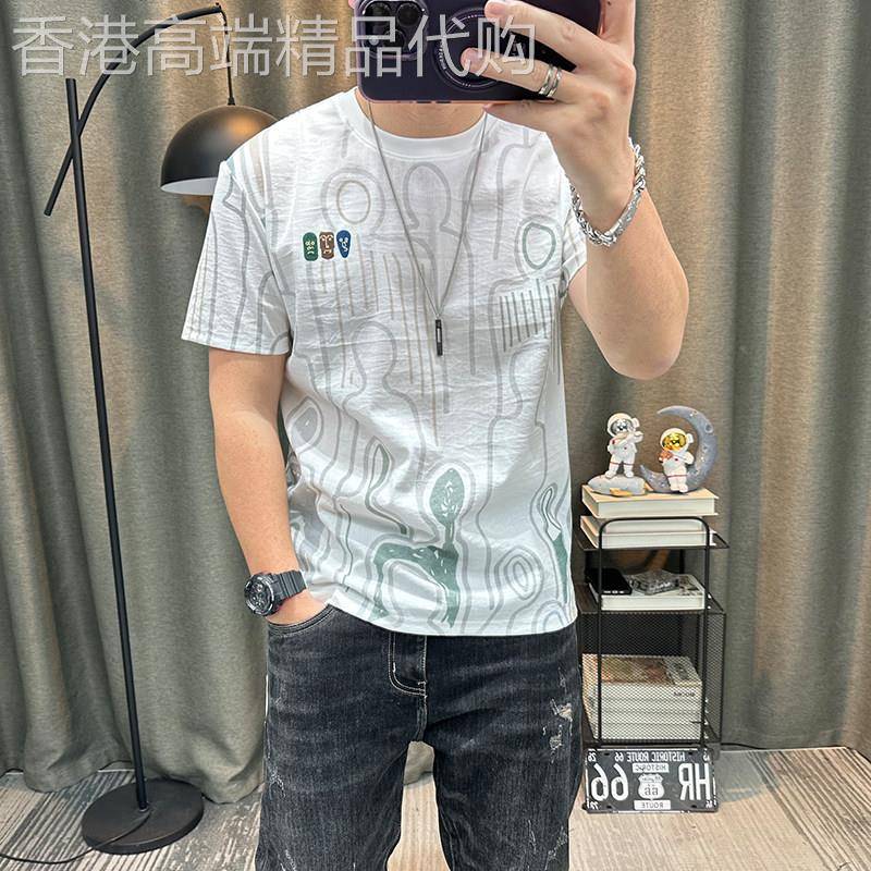 潮牌满身印花短袖t恤衫夏季高端麻料天丝棉麻半袖体恤衫修身上衣