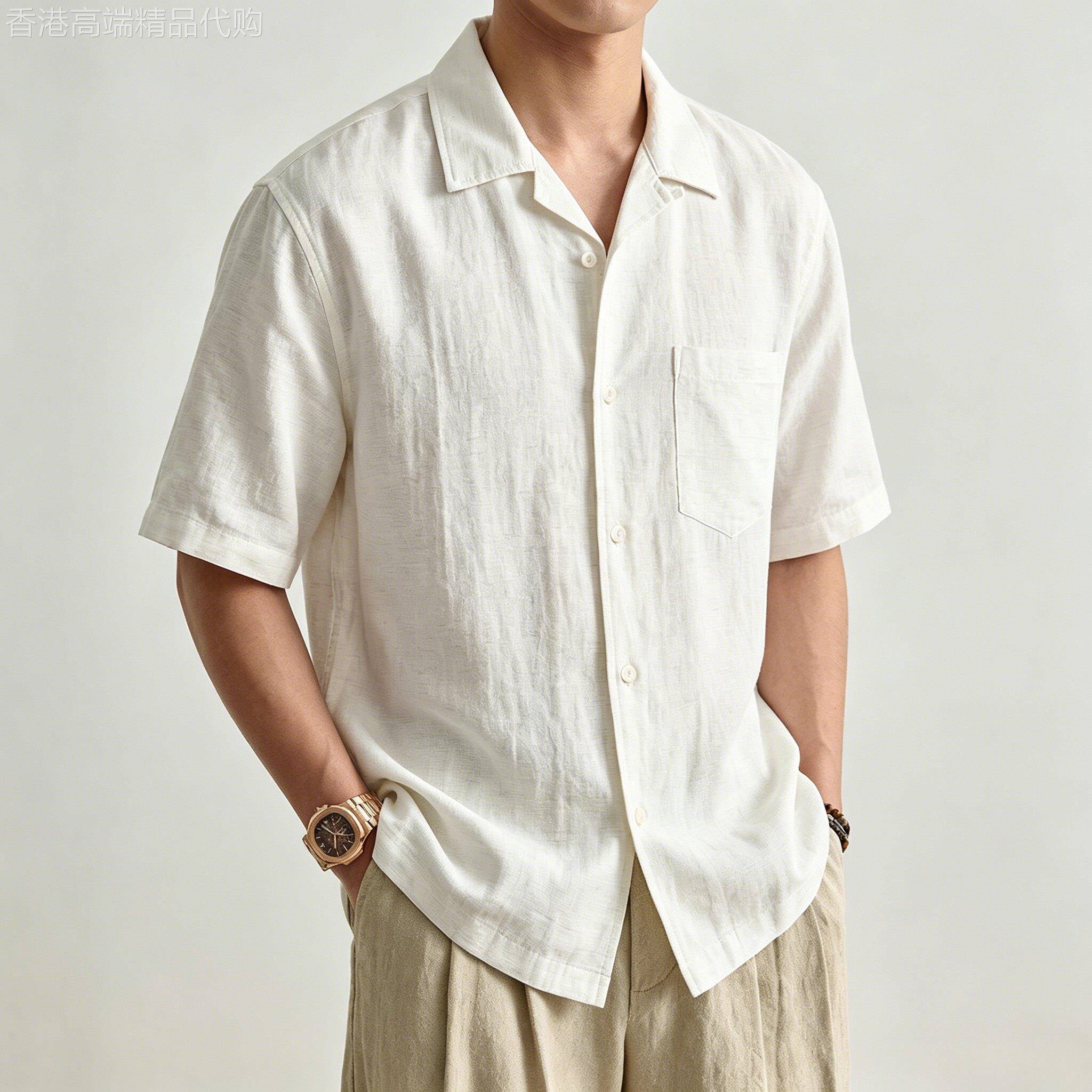 度假松弛风水洗亚麻短袖衬衫男2026夏季古巴领本白肌理感休闲衬衣