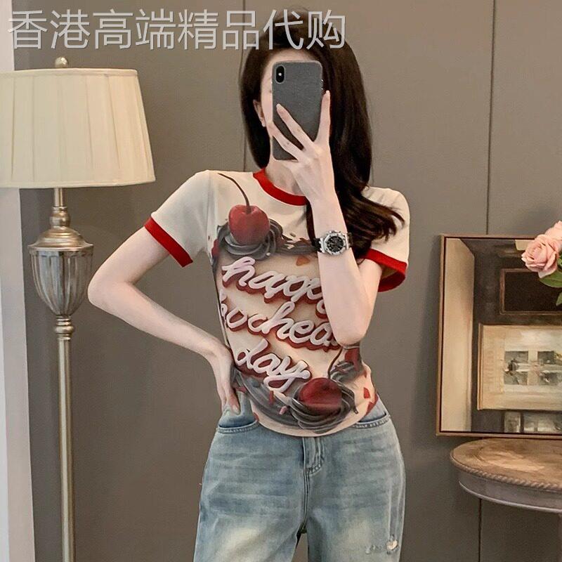 潮牌韩版涂鸦印花短款T恤女2026夏季新款显瘦修身短袖撞色上衣ins