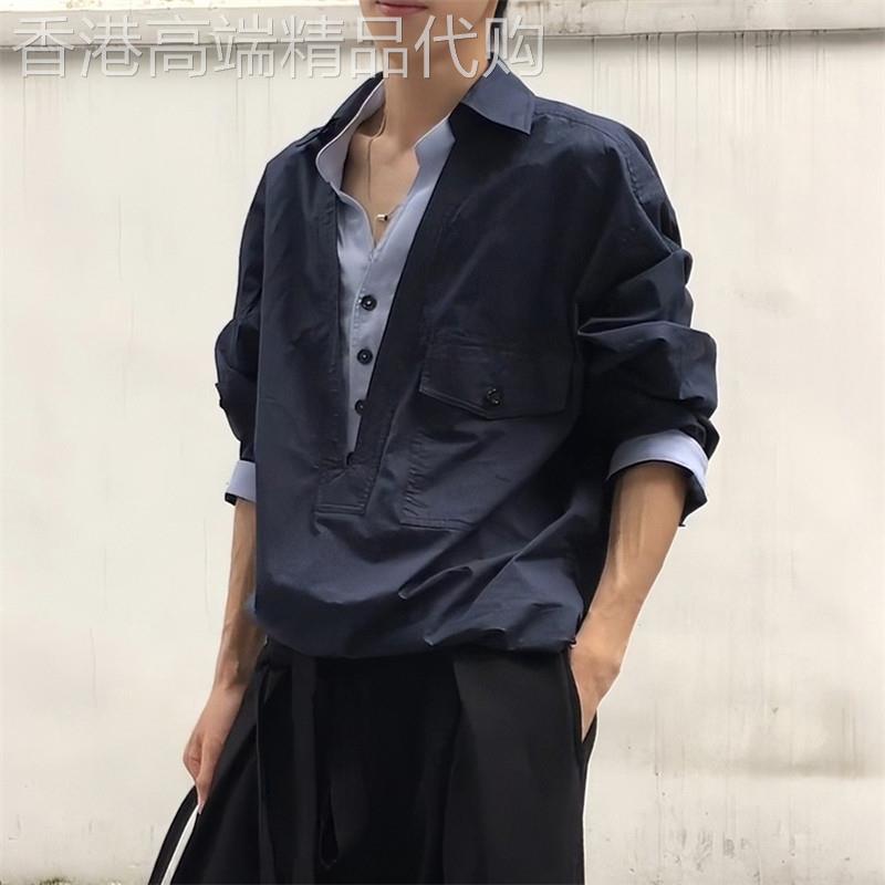 轻奢假两件V领衬衫男老钱风休闲宽松衬衣cleanfit高级感美式外套