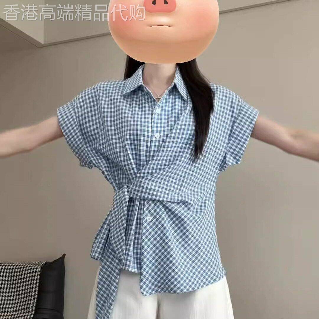 2026夏季新款韩系高级感蓝色格子polo领短袖衬衫女收腰修身薄上衣