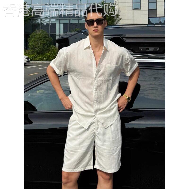 轻奢风白色天丝亚麻衬衫短袖套装男士2026夏季松弛感轻薄穿搭套装