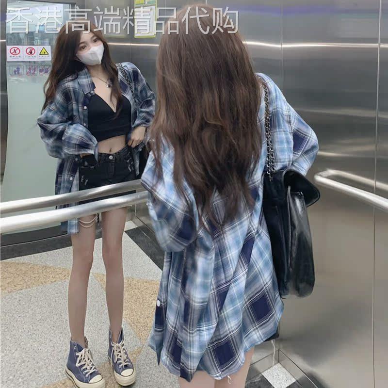 美式复古蓝色格子衬衫女早春宽松设计感小个子长袖防晒薄上衣港味