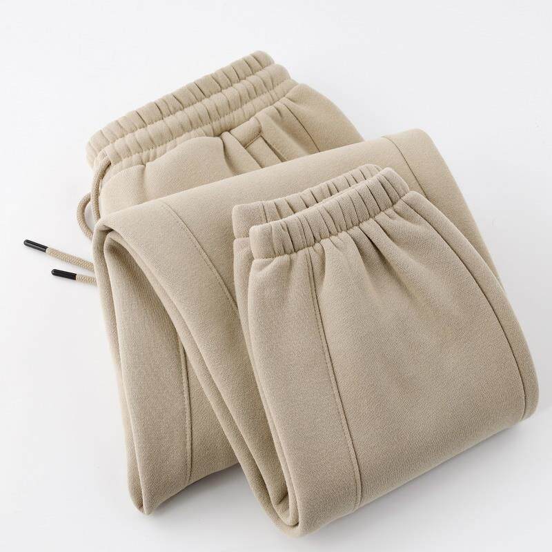 MAROLIO 330g重磅加绒加厚束脚卫裤时尚男女卡其色简约百搭运动裤