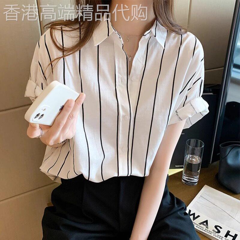 条纹衬衫女夏季2025年新款港风胖MM大码衬衣休闲冰丝宽松短袖上衣