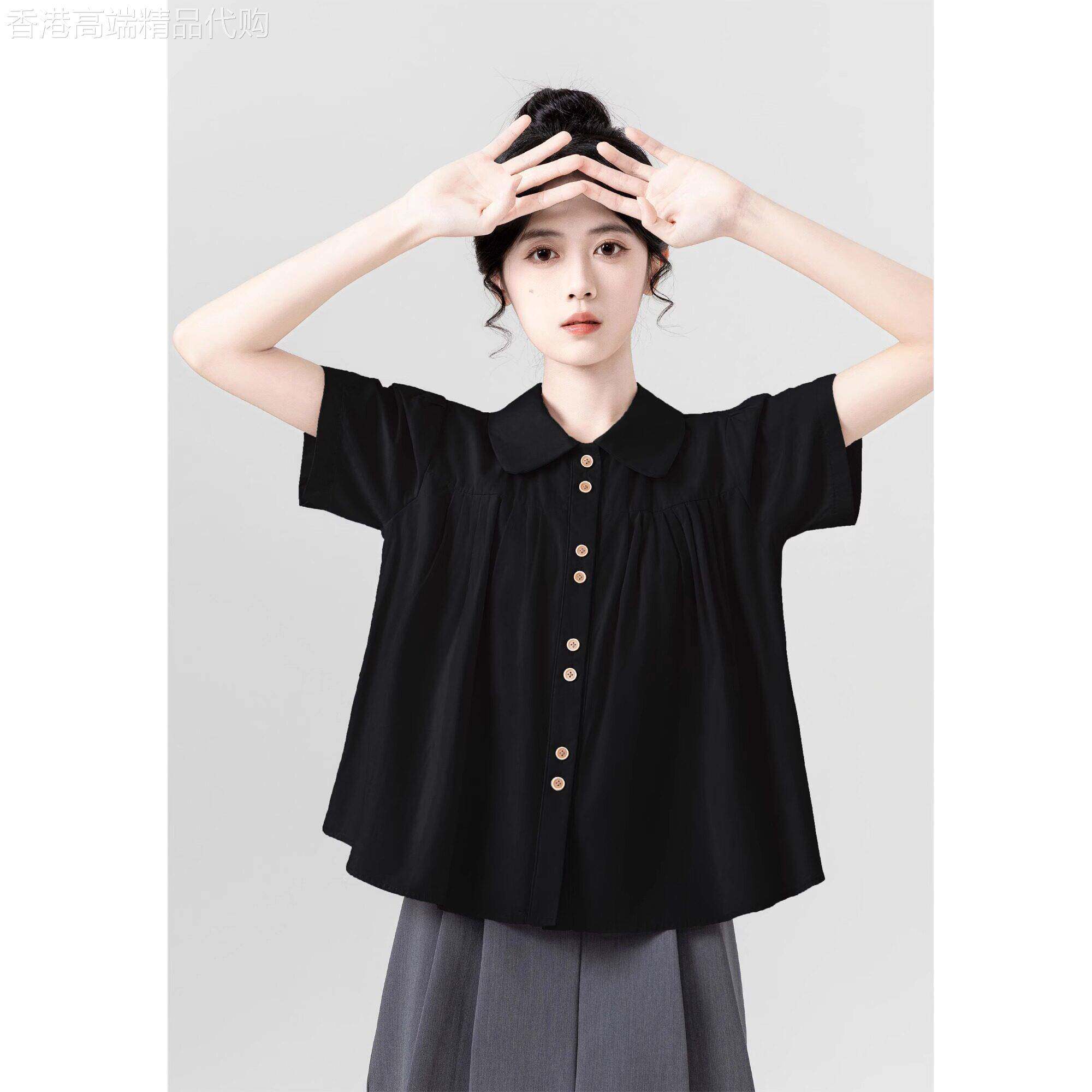 黑色Polo领短袖衬衫女夏法式泡泡袖娃娃衬衫衣小个子文艺森系上衣