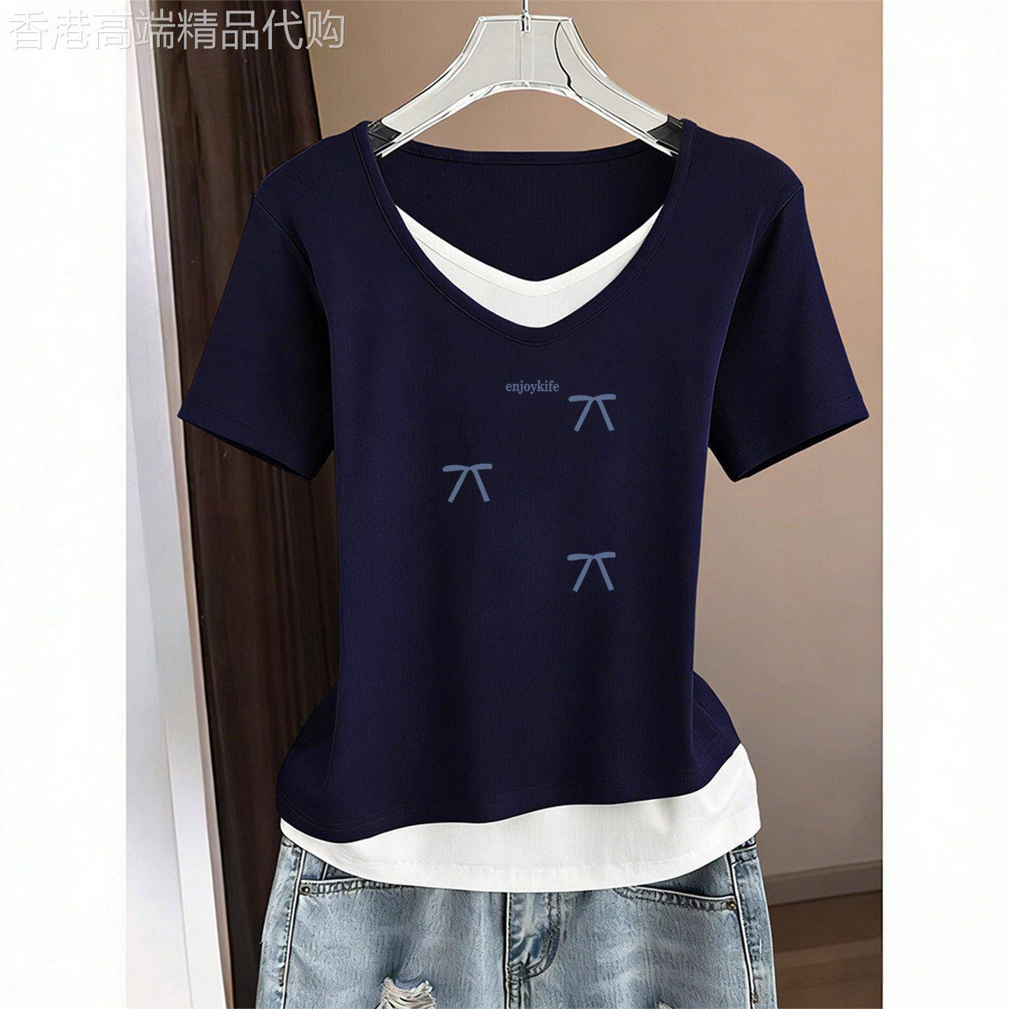 韩版撞色拼接假两件短袖T恤女早夏季V领设计感印花百搭纯棉上衣