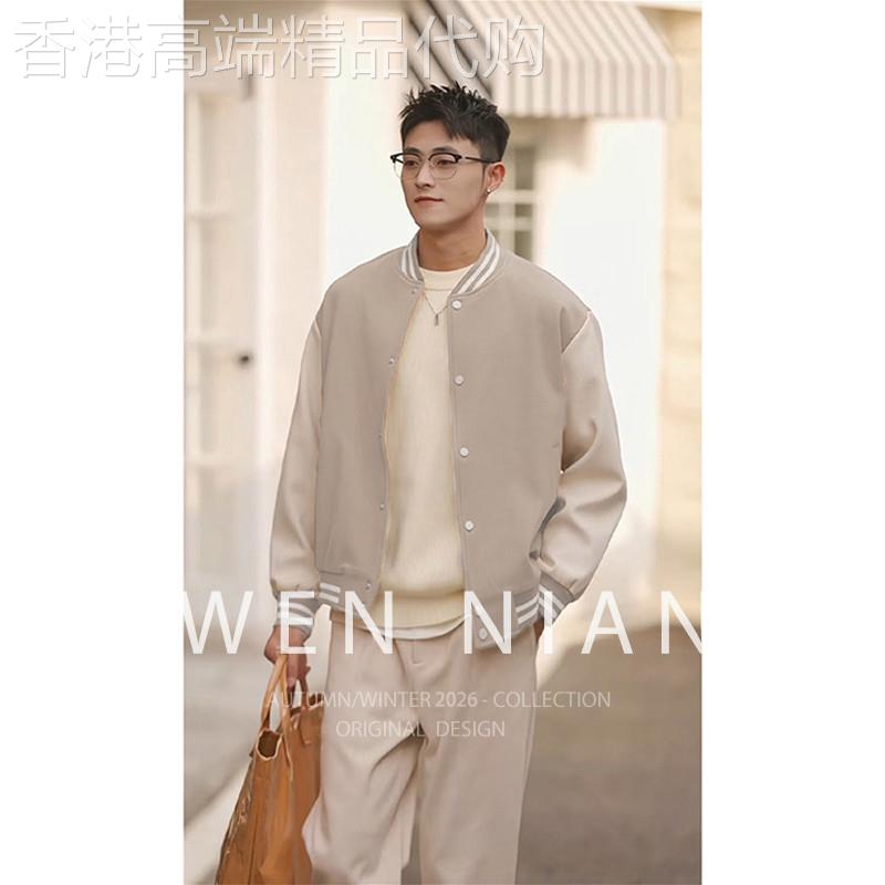 韩国WEN NIAN浅色系条纹拼接棒球服外套男士2026春季正肩短款夹克