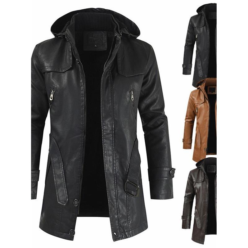 欧美外贸跨境大码加绒皮风衣外套中长款男士真皮皮衣机车服大衣潮