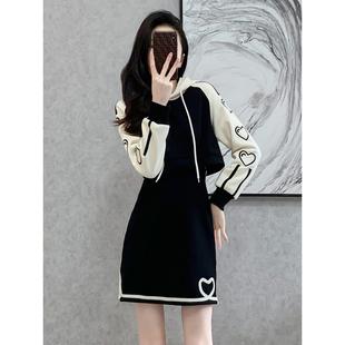 欧洲站拼接连帽卫衣连衣裙女2025春秋新款小个子假两件休闲运动裙