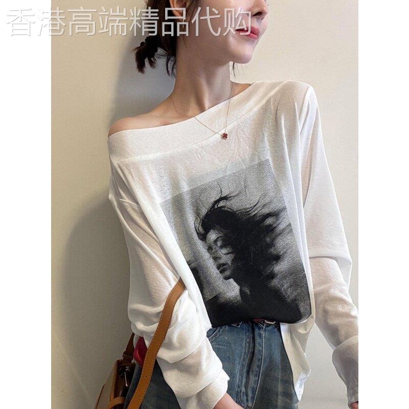 美式长袖T恤女早秋薄款2026新款时尚百搭设计感斜领露肩防晒上衣