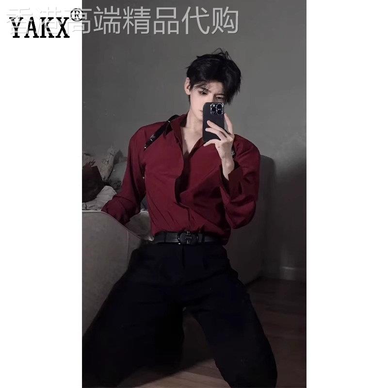 高端酒红色长袖衬衫男士春秋季2025新款痞帅男装宽松翻领男款衬衣