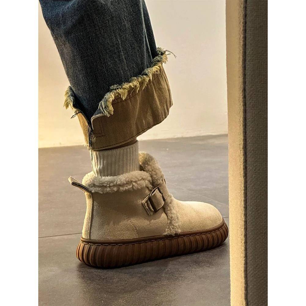 香港真皮厚底雪地靴女2025冬季新款加绒加厚保暖皮毛一体毛毛棉鞋