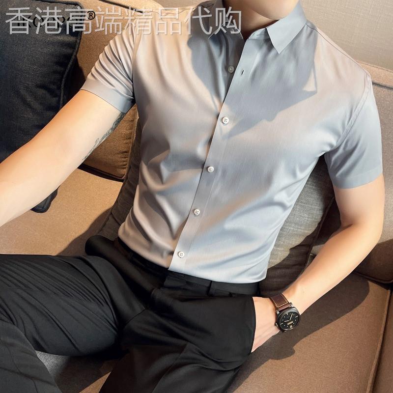 高端男士短袖衬衫夏季新款冰丝无痕抗皱商务休闲高级感灰色衬衣潮