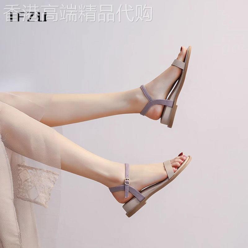真皮坡跟平底凉鞋女夏季外穿2025新款配裙子百搭紫色一字带罗马鞋