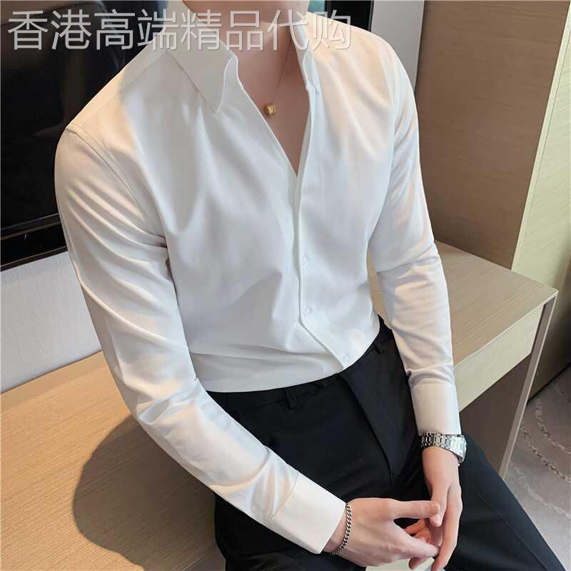 2025新款一片领白色打底V领发型师长袖衬衫男纯色痞帅立领衬衫潮