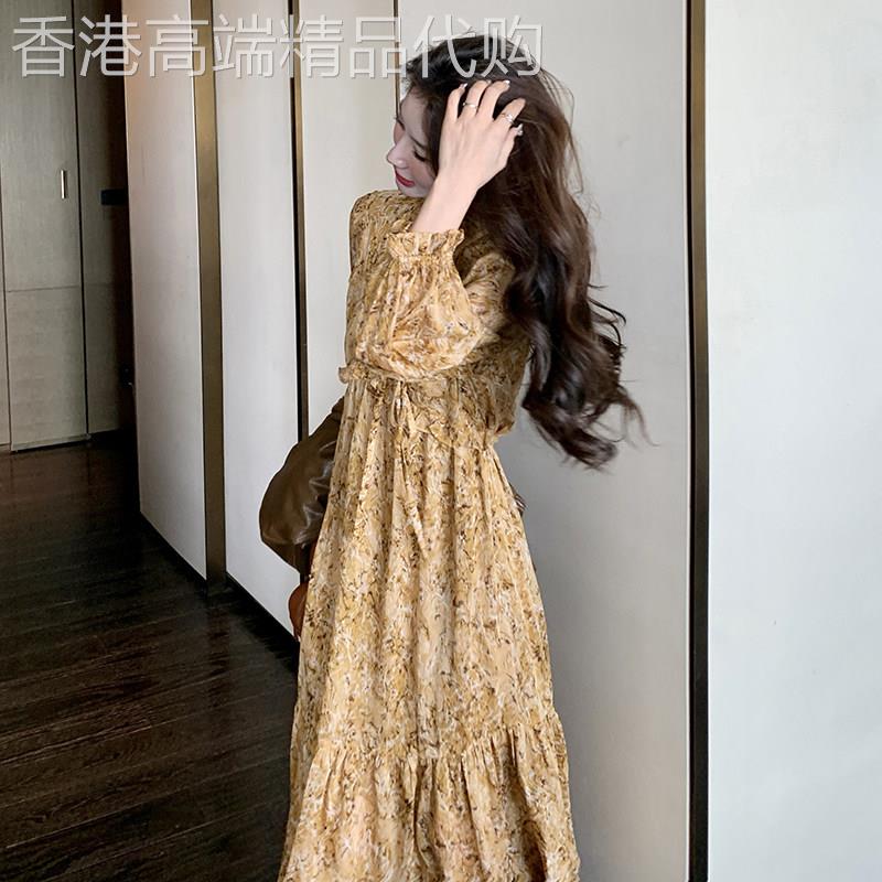 茶歇法式长袖连衣裙女春季2026新款木耳边绝美春日碎花裙海边度假