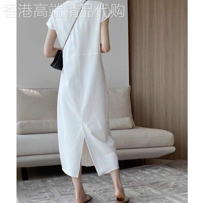潮牌设计感后开叉短袖连衣裙女夏新款纯色简约显瘦t恤宽松直筒裙