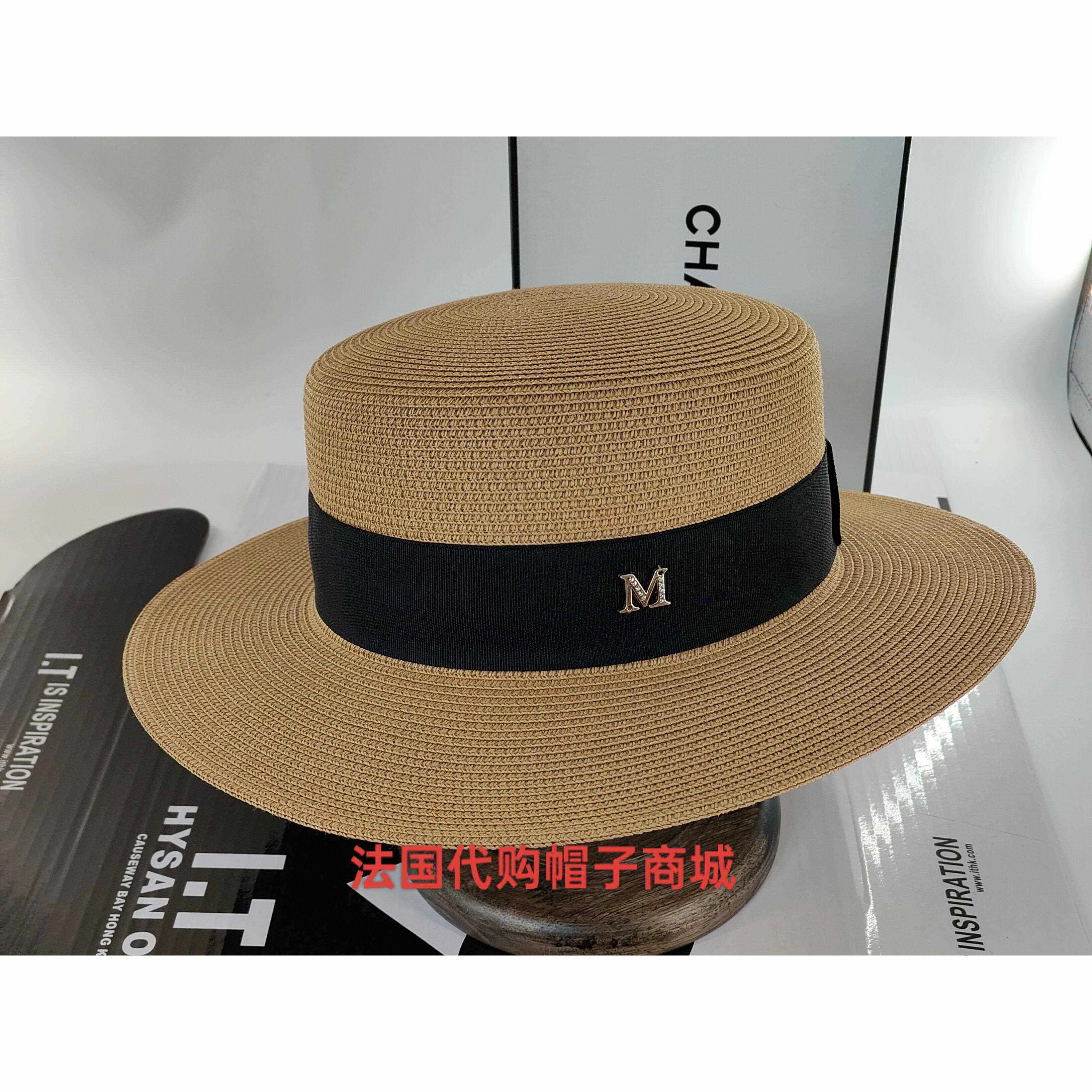 法国新款春夏M标时尚遮阳防晒礼帽百搭平顶草帽女金色小蜜蜂帽子