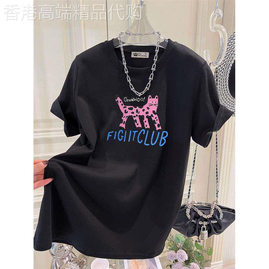 高级感休闲大码上衣女中长版夏季斑点猫咪字母宽松黑色短袖T恤薄