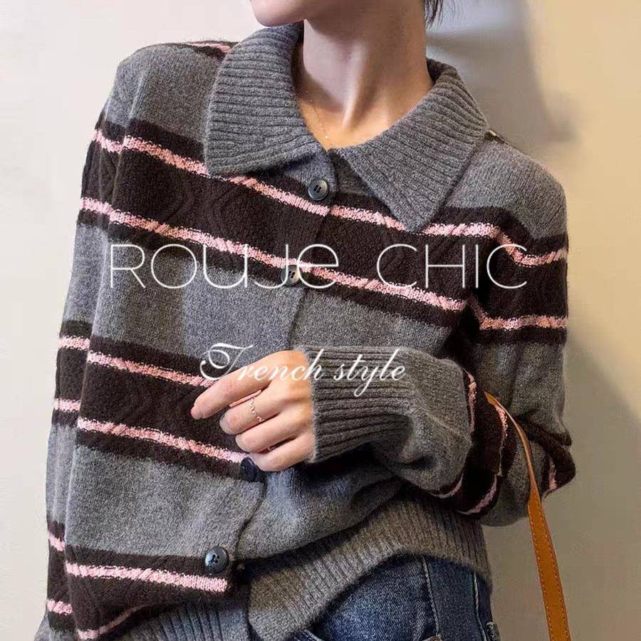 法国rouje chic秋冬季法式灰色设计感单排扣羊绒打底针织衫毛衣女