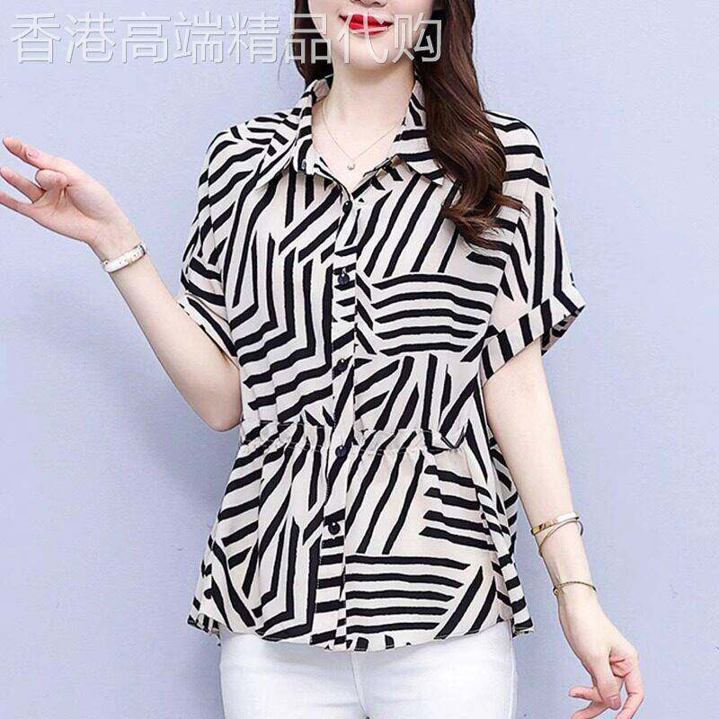 条纹雪纺衬衫女士装夏季2026年新款妈妈洋气上衣时尚小衫短袖衬衣