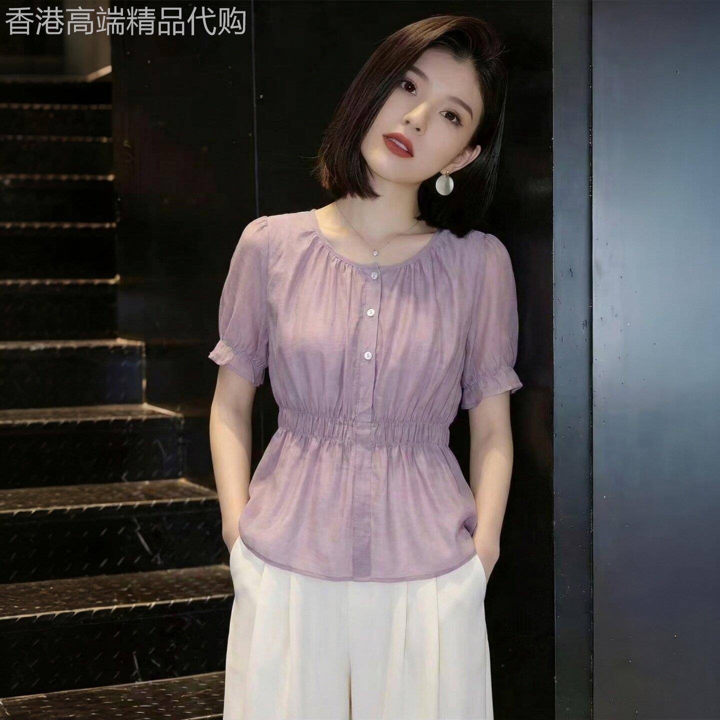 法式收腰短袖雪纺衬衫女士夏季新款宽松显瘦洋派衬衫独特别致上衣