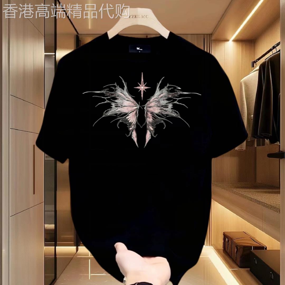 香港重磅纯棉潮牌印花T恤美式个性痞帅男款短袖夏季圆领宽松袖扣