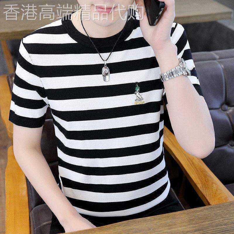 高端针织条纹短袖t恤男夏季薄款修身男士冰丝潮流圆领刺绣体恤帅