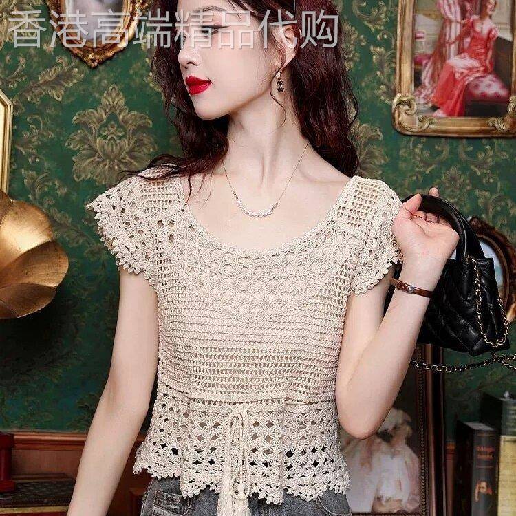 潮牌短款蕾丝短袖上衣女夏季爆款小个子轻奢高级感镂空针织小衫