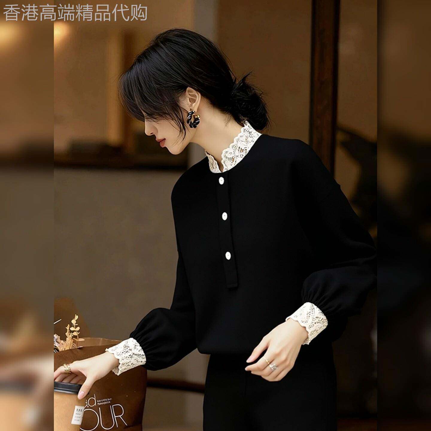 新中式黑色蕾丝边立领丝绒上衣女2025秋冬季新款国风百搭减龄小衫