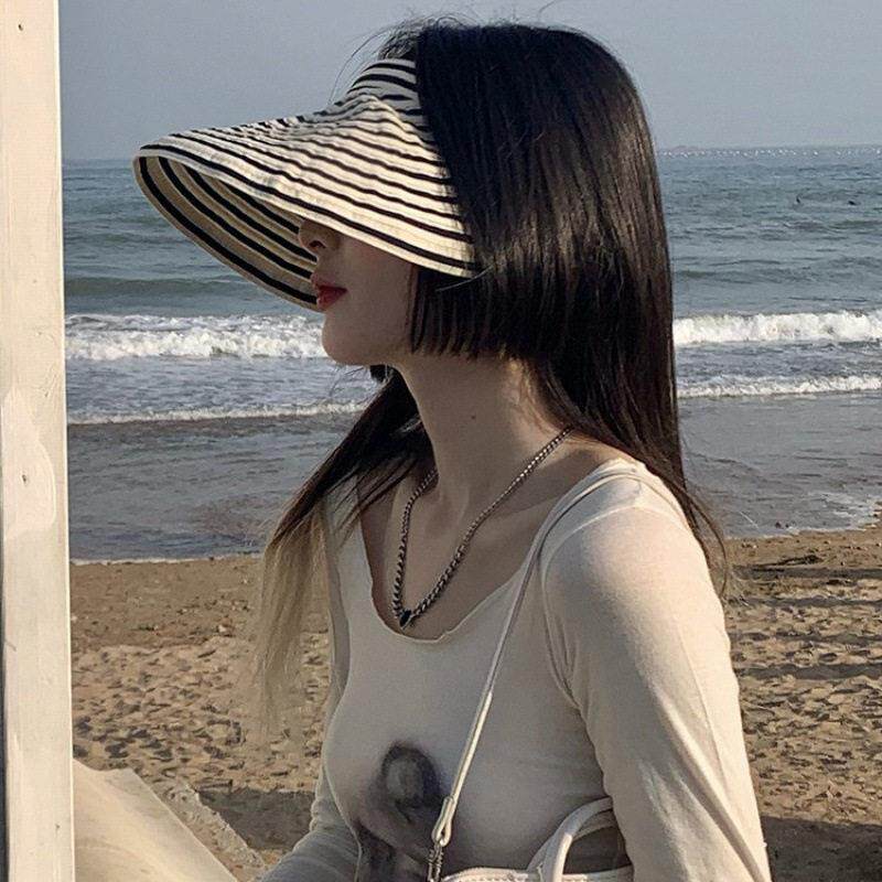 日本RX帽子女春夏条纹空顶无顶遮阳帽子女骑车防晒可折叠大檐帽潮