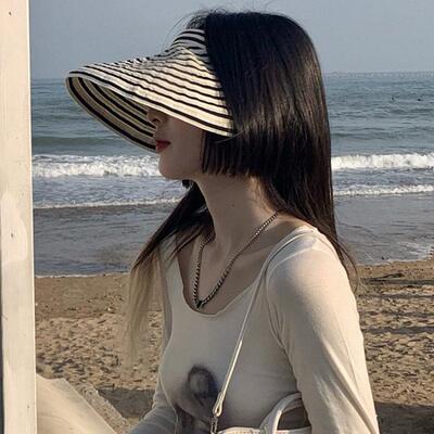日本RX帽子女春夏条纹空顶无顶遮阳帽子女骑车防晒可折叠大檐帽潮
