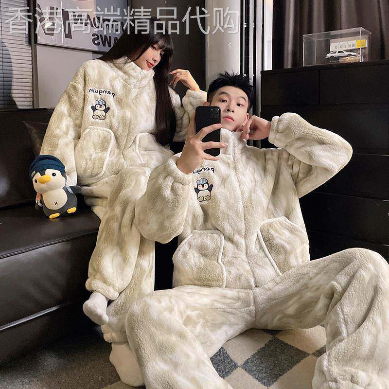 潮牌珊瑚绒加绒情侣睡衣女2025秋冬季新款加厚企鹅男士家居服套装