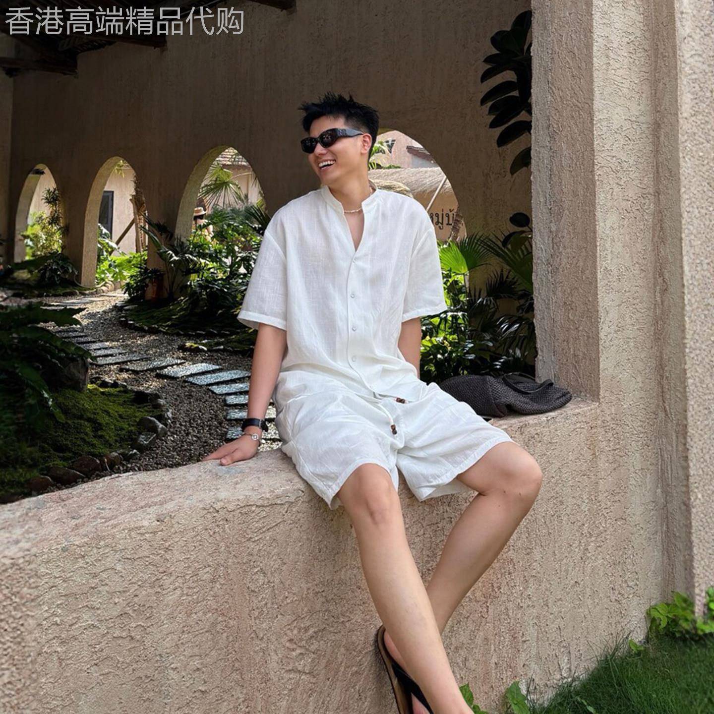 潮牌新中式立领亚麻衬衫套装男休闲风海岛度假穿搭短袖短裤一整套