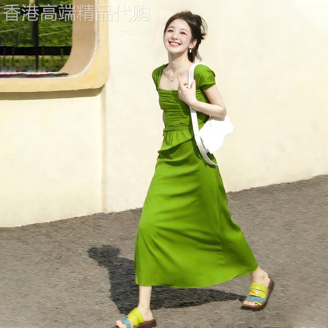 法式巨好看绿色连衣裙女2026春季新款独特漂亮掐腰夏日绝美长裙子
