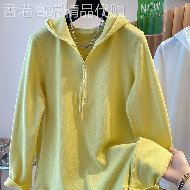 半拉炼连帽长袖T恤女春秋2026新款设计感大尺码胖mm打底衫内搭上