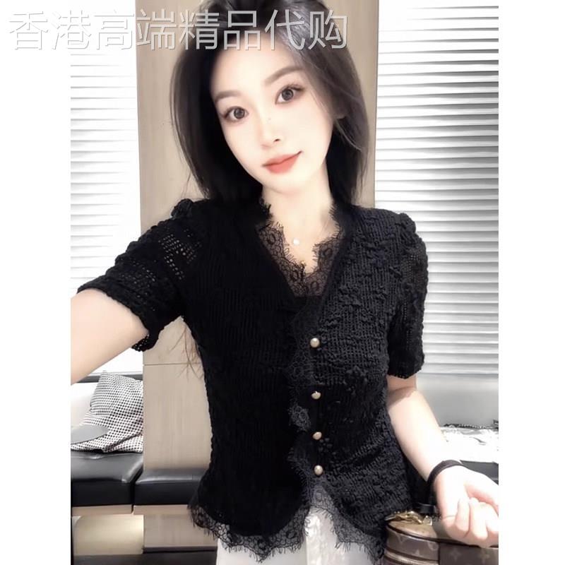 黑色正肩短袖t恤女夏季薄款2026新款设计感修身蕾丝半袖开衫上衣