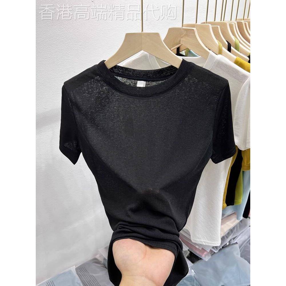 冰丝面膜短袖T恤女夏薄款微透圆领套头罩衫显瘦修身黑色正肩上衣