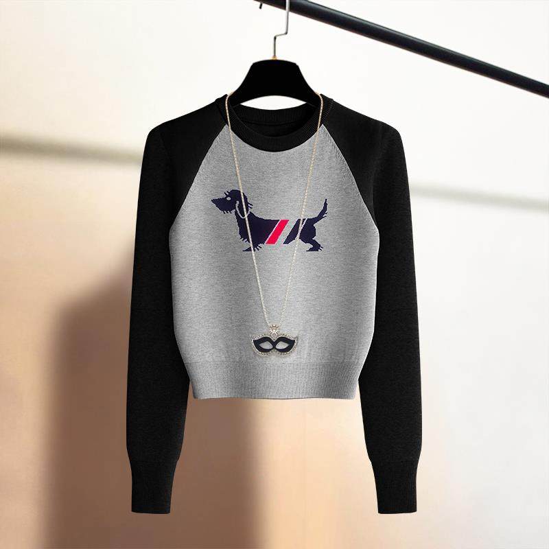 潮牌刺绣小狗套头毛衣女2025春秋冬季拼色打底保暖内搭上衣针织衫